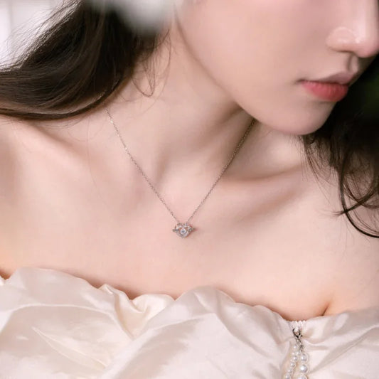 Heart butterfly pendant necklace, silver tone chain with CZ heart wing charm