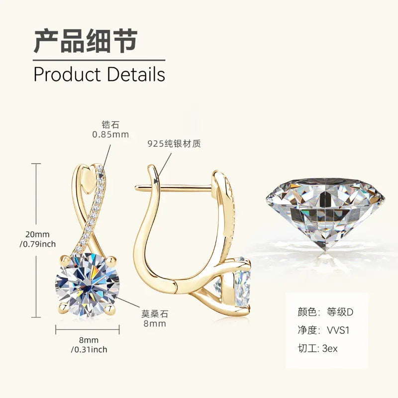 Gold-tone twisted drop earring diagram showing round moissanite, 925 metal marks, size guides