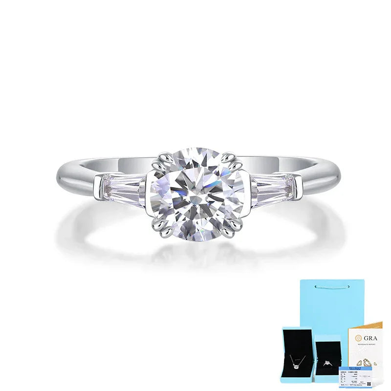 S925 silver moissanite engagement ring with round center stone and baguette side stones