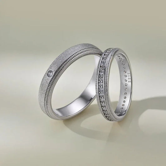 Rhodium silver couple engagement rings with round CZ stones and beaded edges