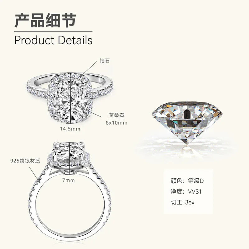 Cushion-cut halo moissanite engagement ring product diagram with band and center stone.