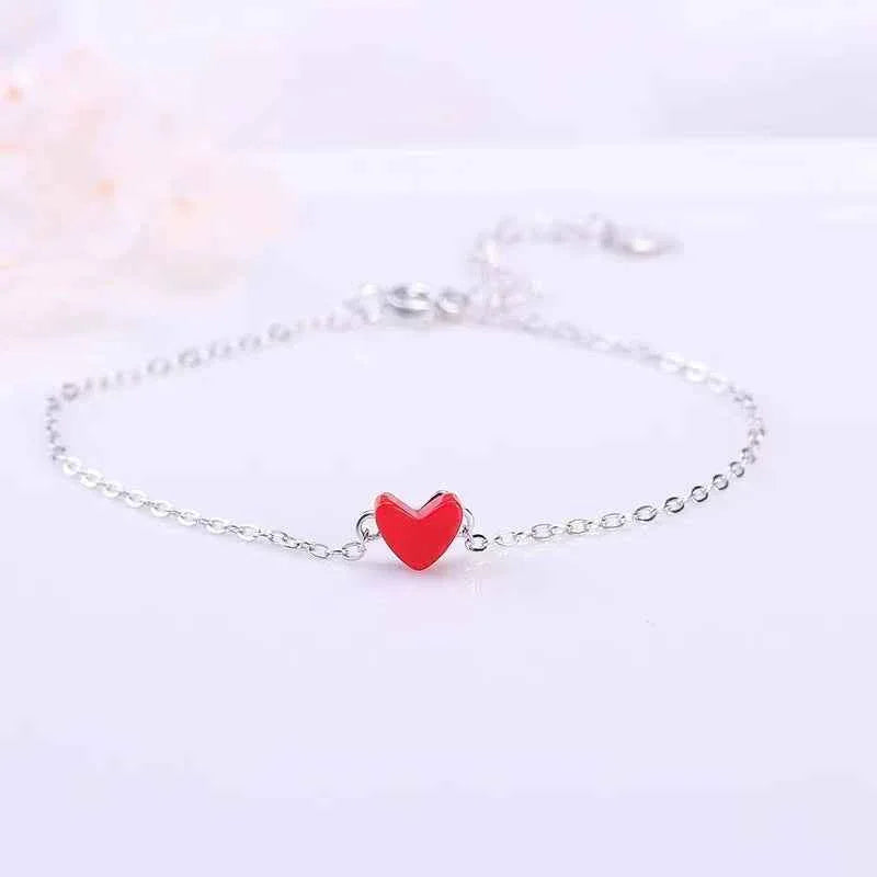 Delicate Silver Chain Bracelet Red Heart Charm - JIMMY JEWELRY 01