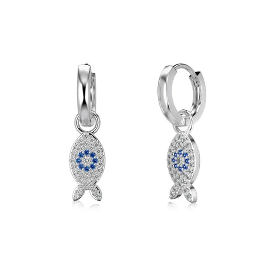 Silver fish dangle hoop earrings with blue center and clear zirconia accents