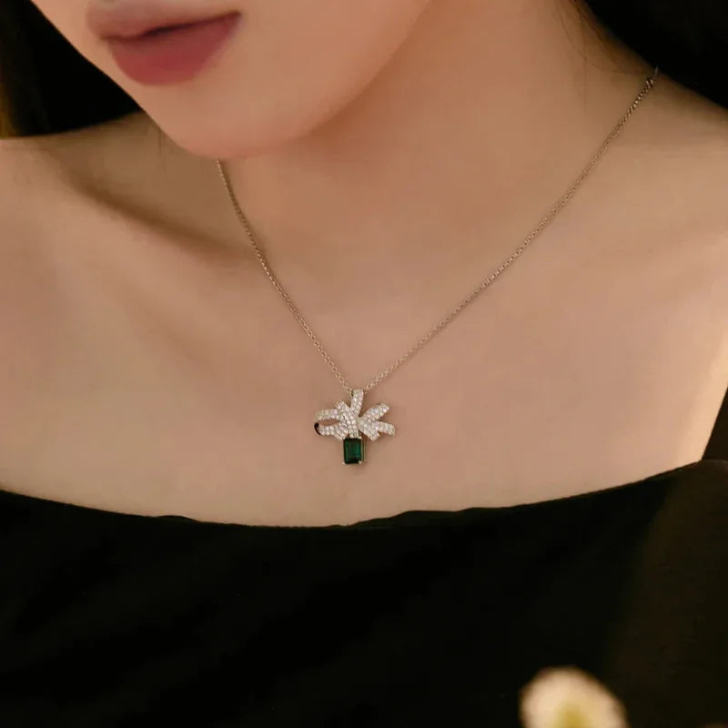 Zirconia Bow Knot Pendant Necklace - JIMMY JEWELRY 01