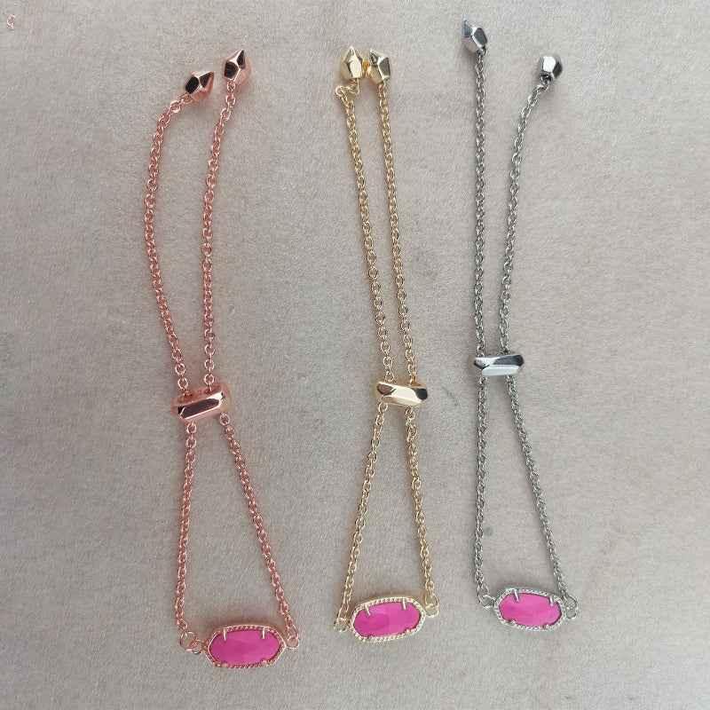 Elisa beaded chain bracelet with oval pink stones; rose gold, gold, and silver chains