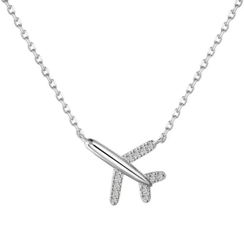Silver airplane CZ pendant necklace with chain links and sparkling wing details.