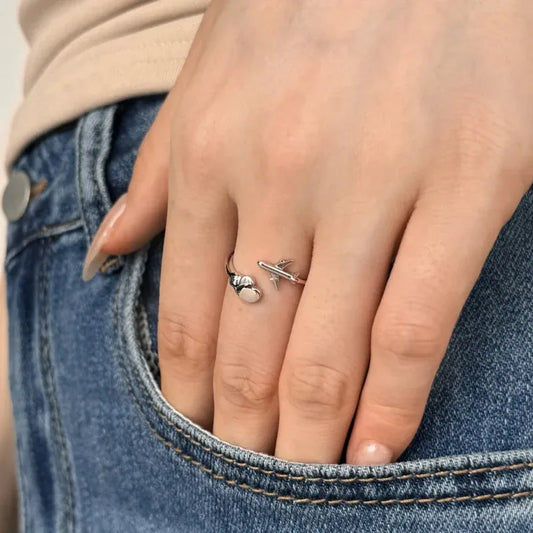 Adjustable airplane and cloud open ring, silver-tone, worn on finger