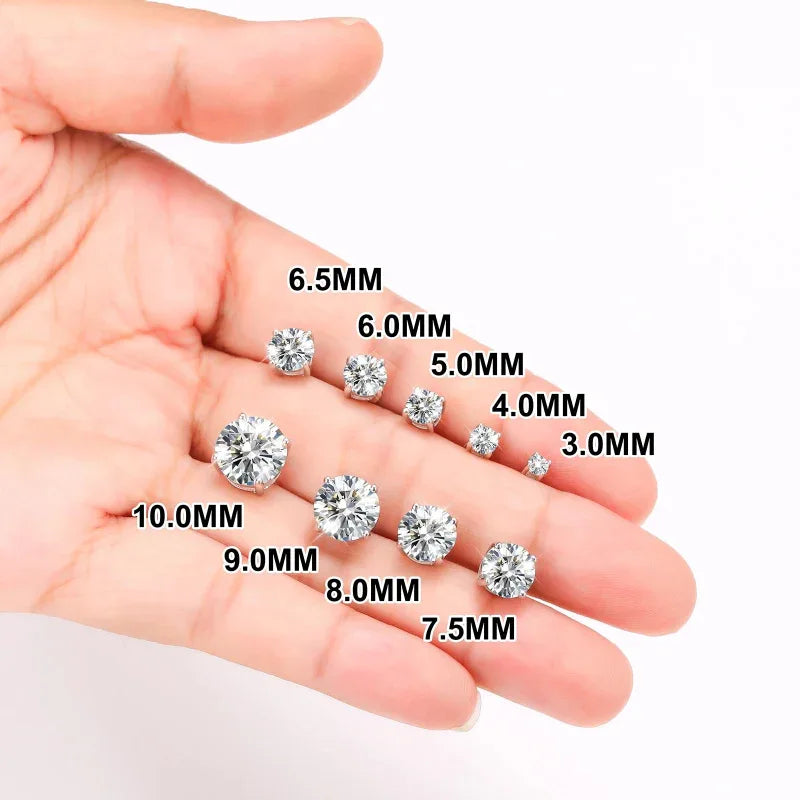 Round moissanite stud earrings size options shown in hand, screw-back studs.