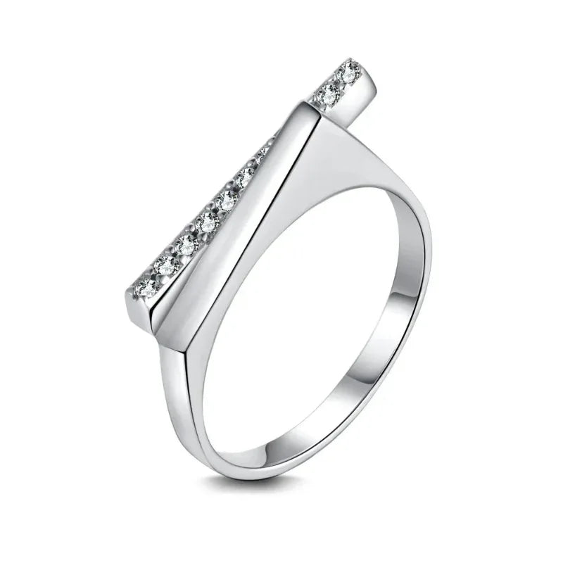 S925 sterling silver asymmetric bar ring with pavé-set stones, side view