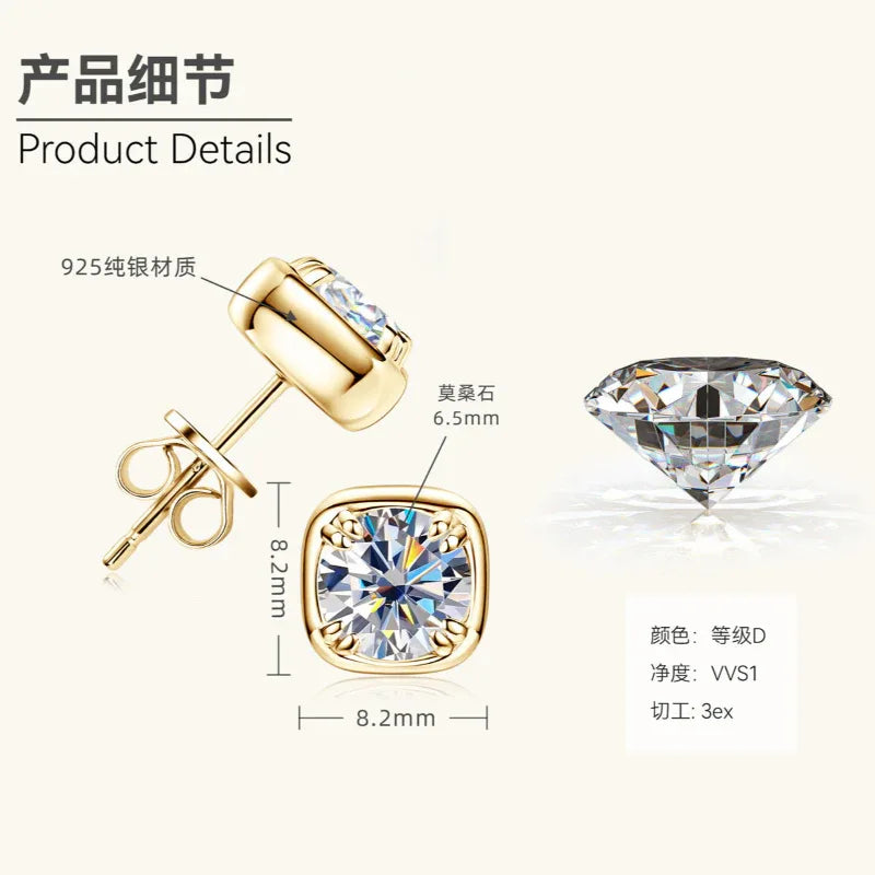 Gold cushion-cut moissanite stud earrings with square bezel and post back, close-up