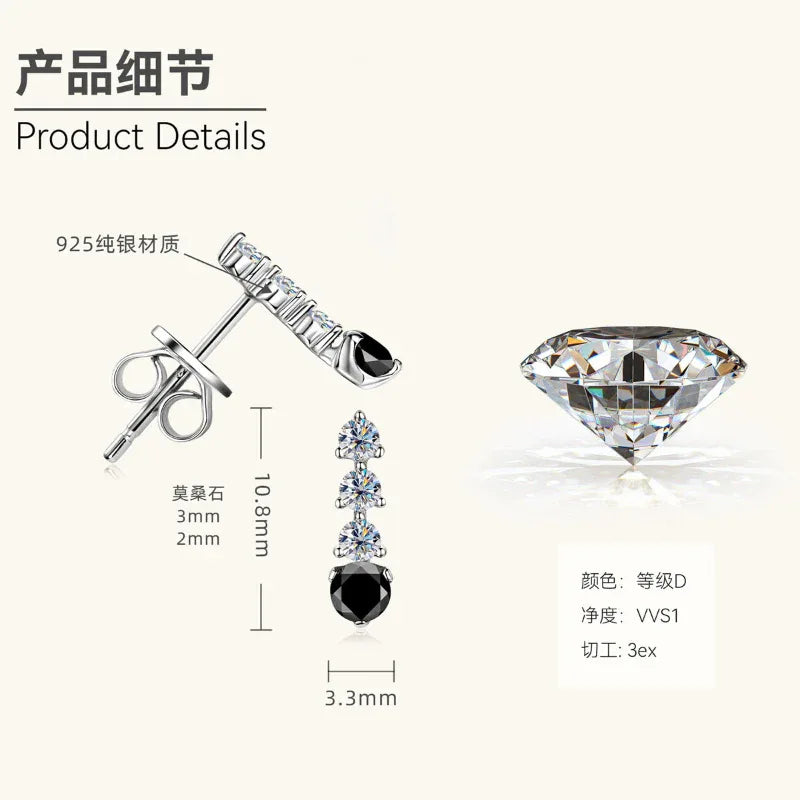 Silver-tone cascading earring diagram: 925 silver posts, three round stones, black drop
