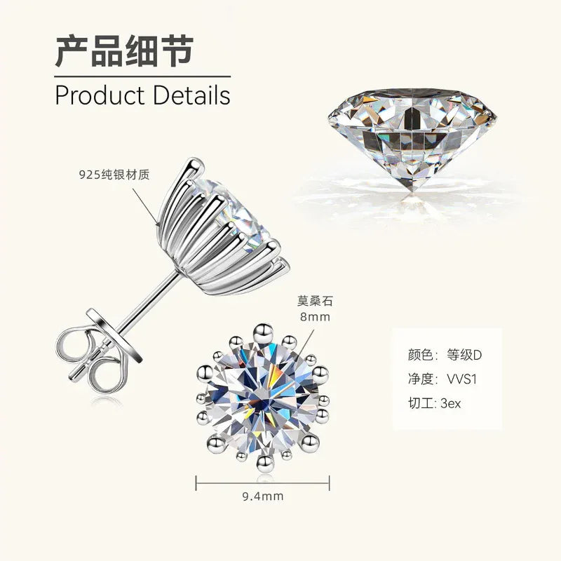 S925 silver-tone moissanite stud earrings with round stone and crown prongs