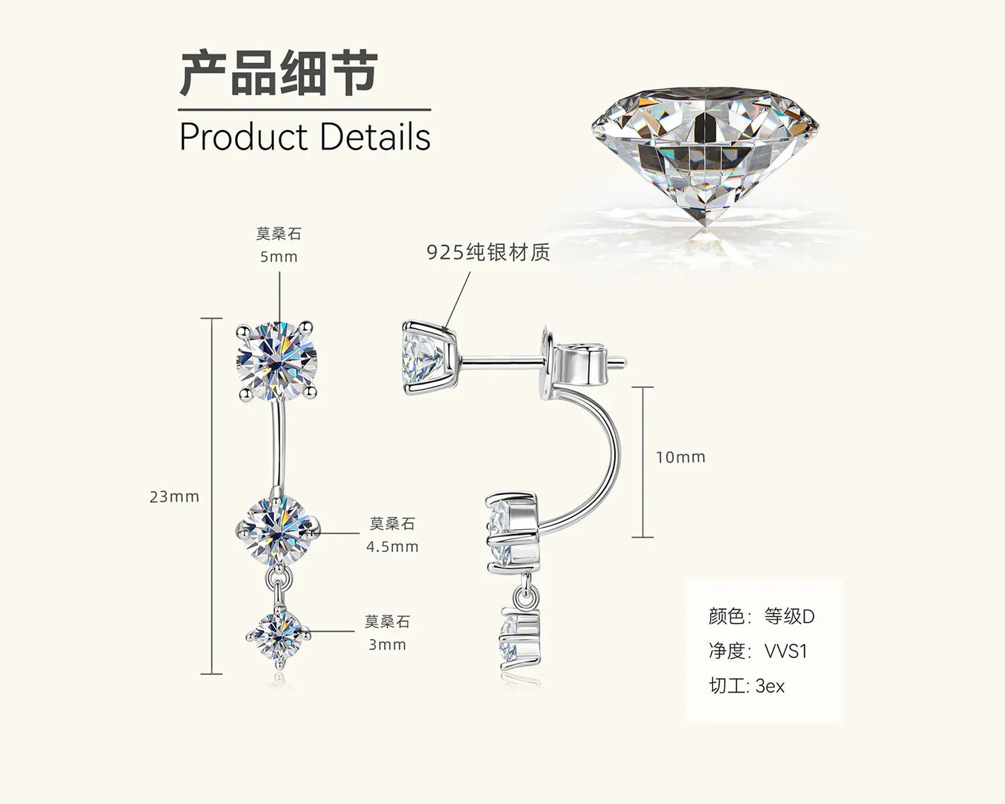 Product details diagram of silver-tone S925 moissanite hoop earrings with three stones