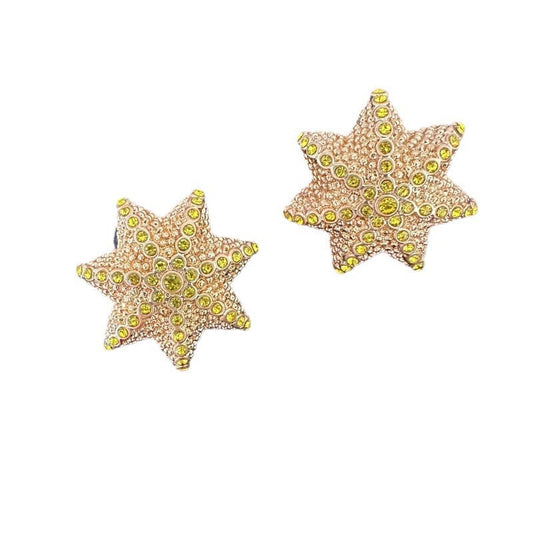 Star cactus stud earrings in gold tone with green rhinestone detailing