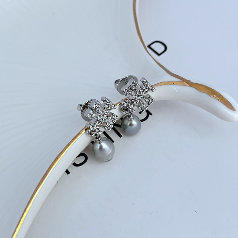 Silver-tone rhinestone cross earrings with two dangling white pearl drops