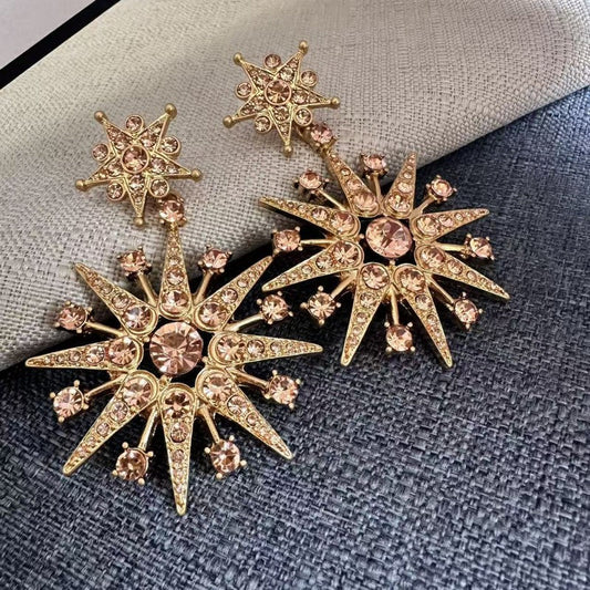 Eight-pointed star stud earrings with pink crystals and rose-gold tone prongs