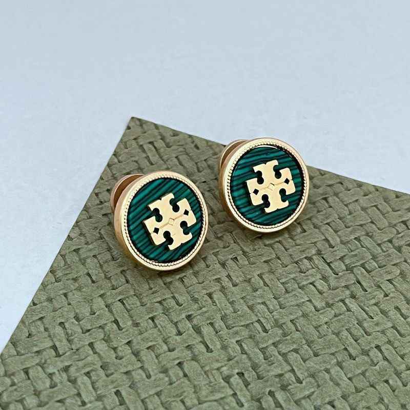 欧美时尚轻奢通勤小众ins天然贝壳镶嵌圆形金属耳钉 耳饰