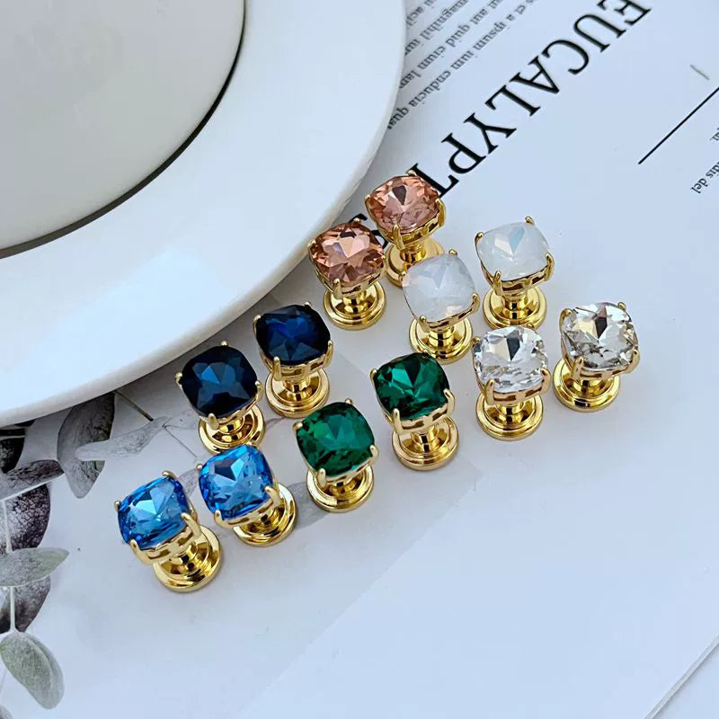 Gold-tone square stud earrings with multicolor rhinestone squares