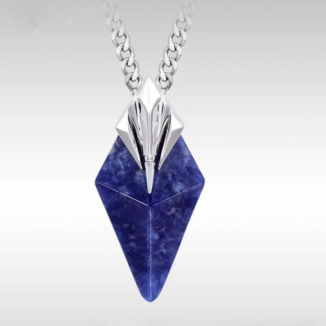 Silver-chain necklace with blue lapis-style trident pendant, pointed triangular stone