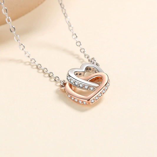 Interlocking Heart Double Ring Pendant Necklace Recycled Silver Gift