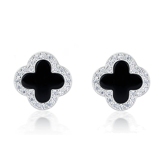 Silver-tone four-leaf clover earrings with black onyx and clear pavé stones