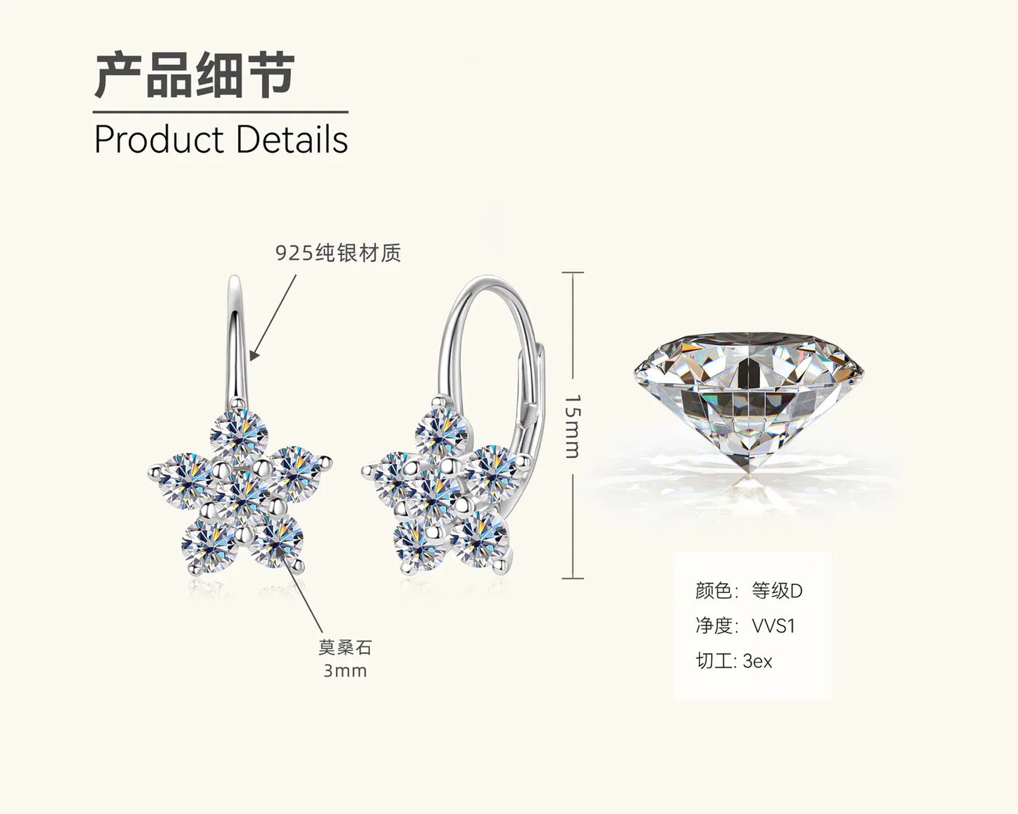 Silver flower moissanite hoop earrings with five-stone star cluster design
