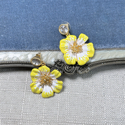 Vintage enamel cherry blossom earrings with yellow and white flower petals, gold posts