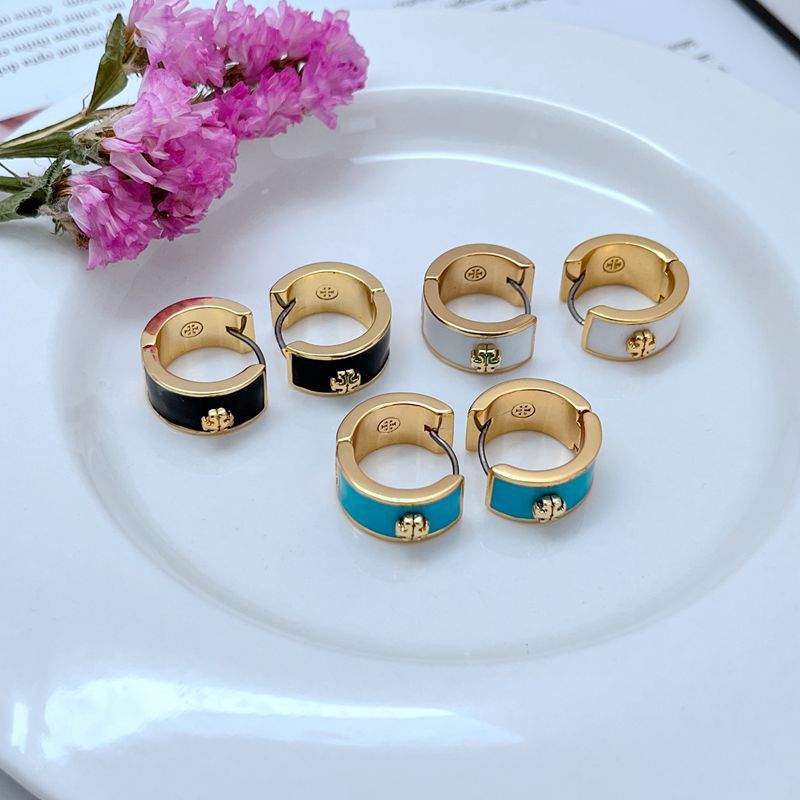 Tory Burch enamel hoop earrings set, black and blue with gold geometric logos