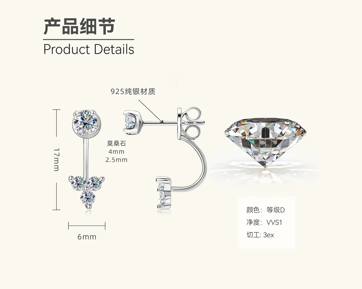 Silver-tone S925 dangle earrings diagram with three round stones and hook closure.