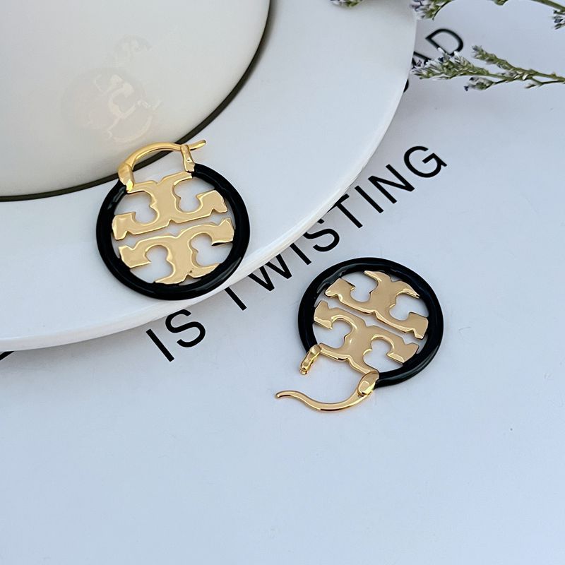 Enamel-inlaid openwork logo earrings, gold-tone with black round backing