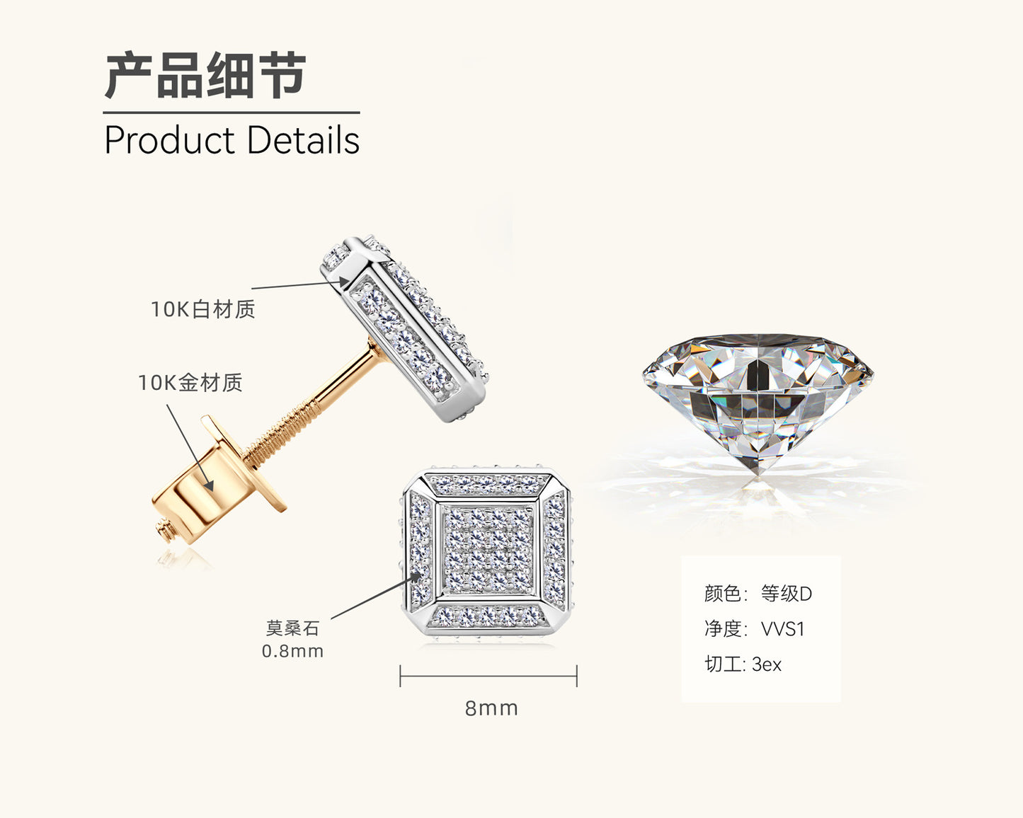 Moissanite Pave Square Stud Earrings