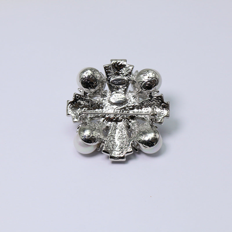 Silver-tone pearl and crystal brooch back with pin clasp and sculpted metal frame