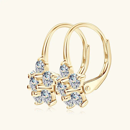 Gold flower moissanite hoop earrings with a five-stone star cluster design