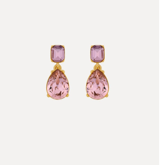 Teardrop-cut diamond stud earrings with pink-purple square and teardrop stones, gold-tone