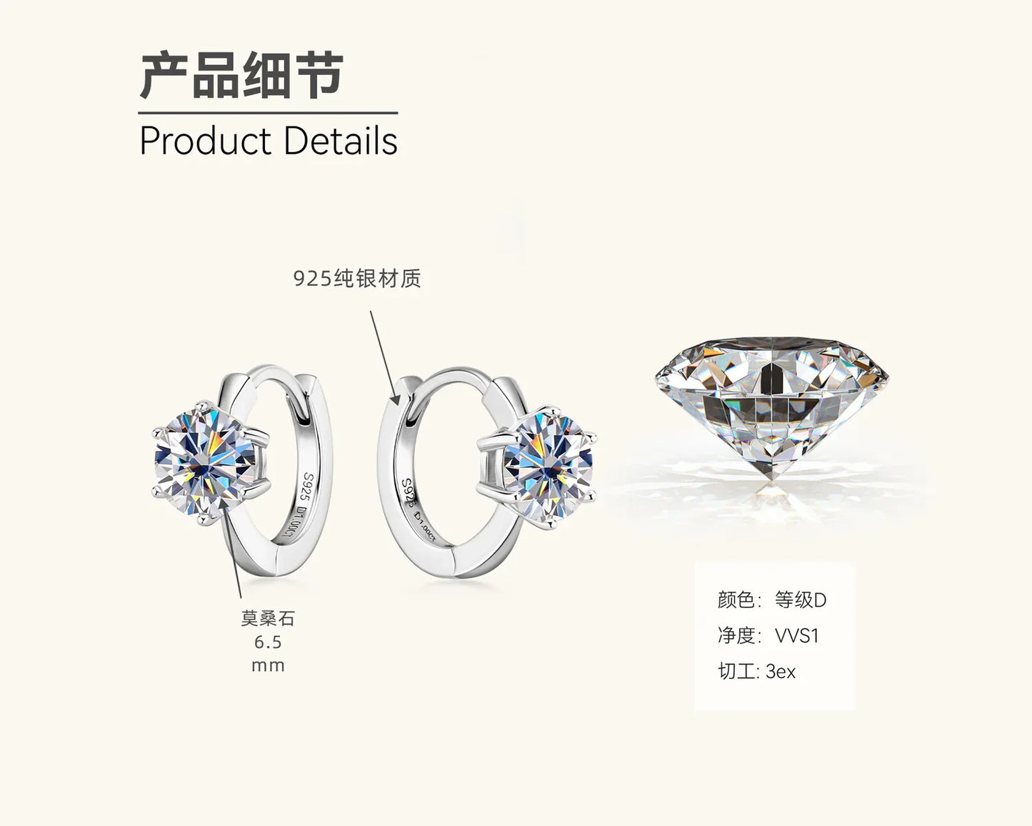 Silver-tone huggie hoop earrings with round solitaire moissanite, side detail shown