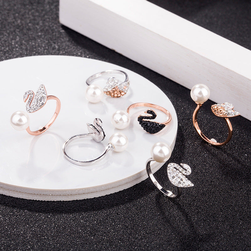 Swarovski S925 Silver Pearl Swan Open Ring