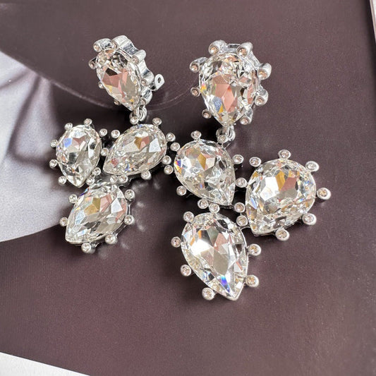 Cactus-cut glass ear clips with clear stones and silver-tone diamond accents