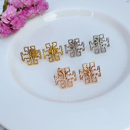 Gold-tone logo metal stud earrings pair, hollow interlocking square pattern
