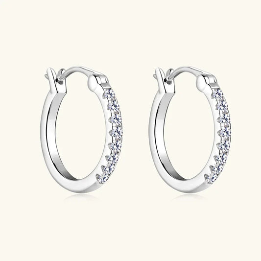 White gold huggie hoop earrings with a row of small round moissanite stones, S925 settings