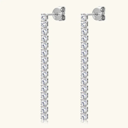 Linear drop earrings with round stones, silver-tone settings, round stud backs