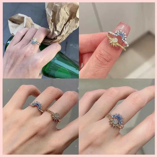 Two-piece ring set on fingers: sun and moon motifs in gold and silver tones