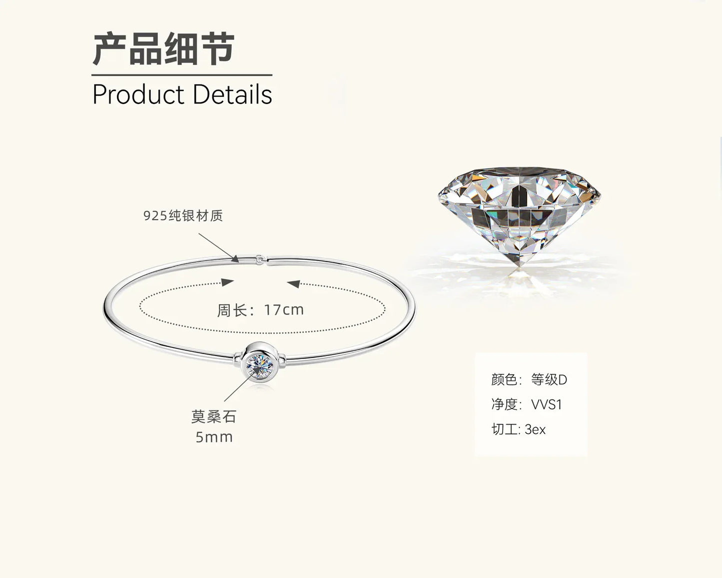 Solitaire Moissanite Bangle Bracelet - JIMMY JEWELRY 01