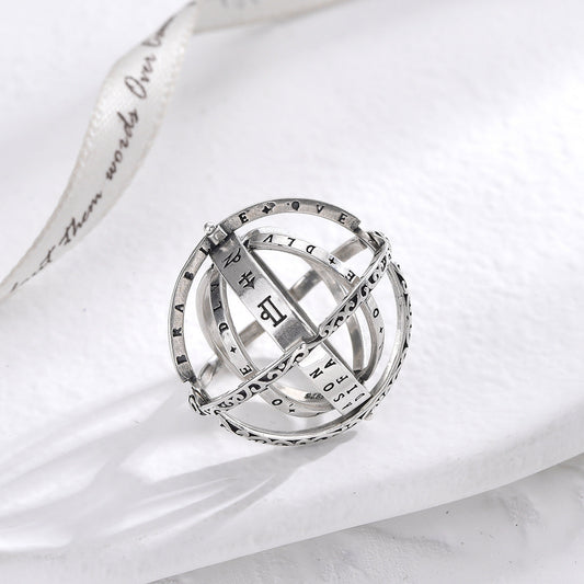 S925 silver rotating ring with star and Roman numeral engravings, multi-band