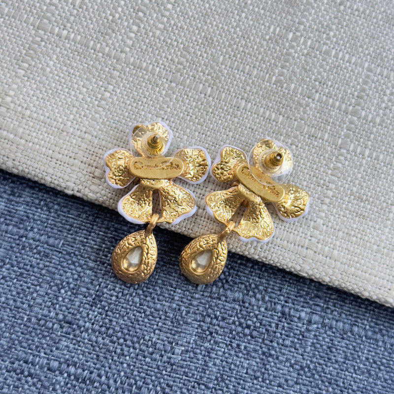 Vintage floral enamel and crystal stud earrings, gold tone with dangling teardrop accents