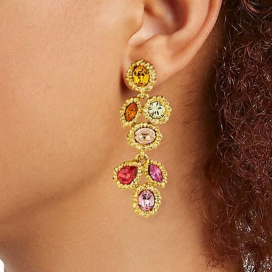 Gold-tone long drop earrings with multicolor crystal stones