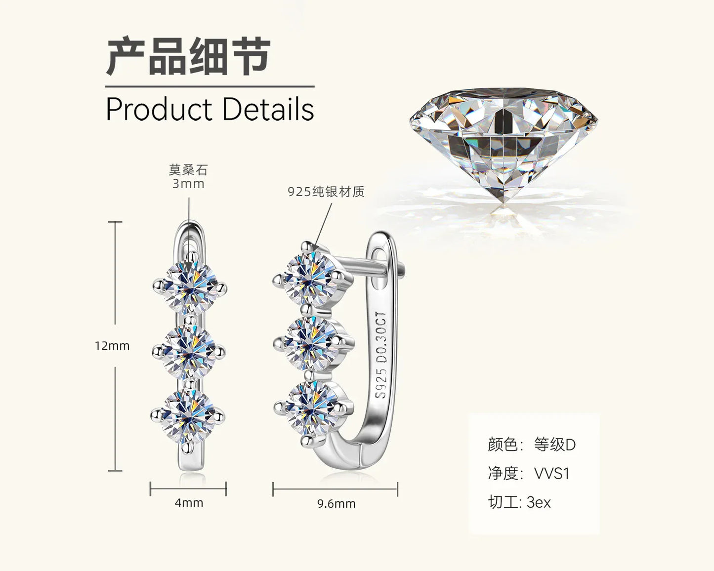 Three-stone moissanite huggie earrings product detail diagram with three stones