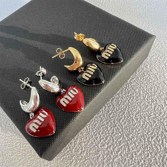 Heart enamel earrings set: gold crescent with black hearts, red hearts with silver