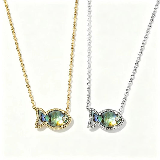 Fish-shaped iridescent pendant necklace set, gold and silver tones