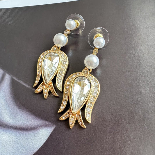 Oscar de la Renta vintage tulip pendant earrings, gold-tone with clear teardrop stones and white pearl beads