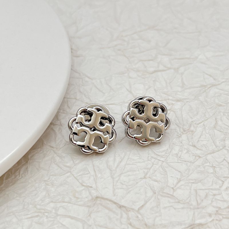 Silver tone openwork floral logo stud earrings with round cutout design
